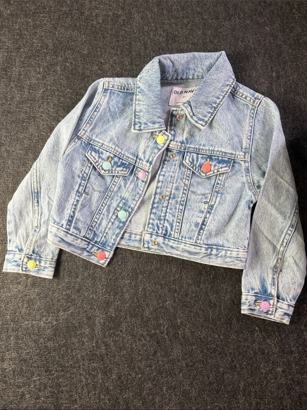 Old Navy Light Blue Denim Jacket and Skirt Set with Multicolor Buttons sz 5 t